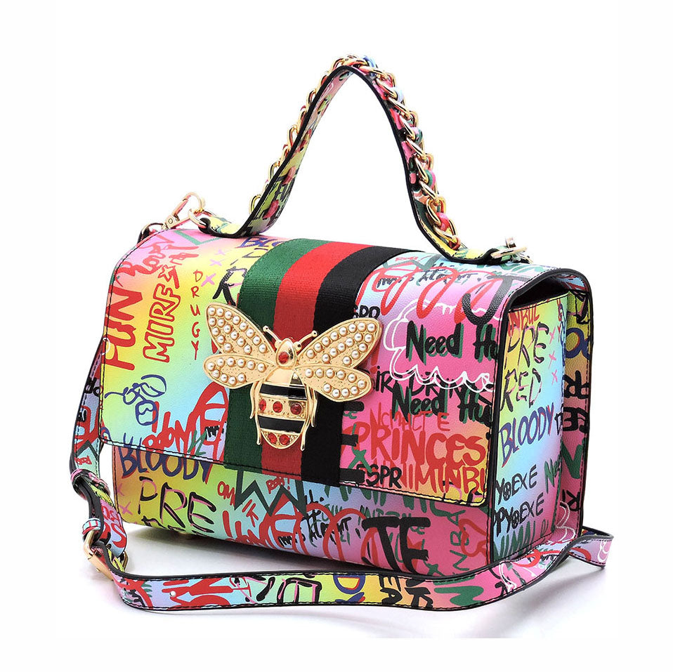 Graffiti Bee Charm Stripe 2-in-1 Satchel > Fashion Handbags