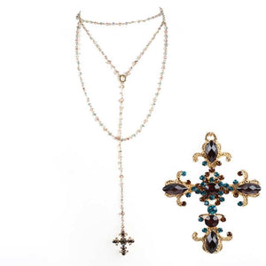 [12pcs set] Long drop cross pendant necklace - brown