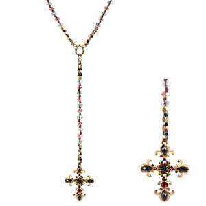 [12pcs set] Long drop cross & bead necklace - dark blue