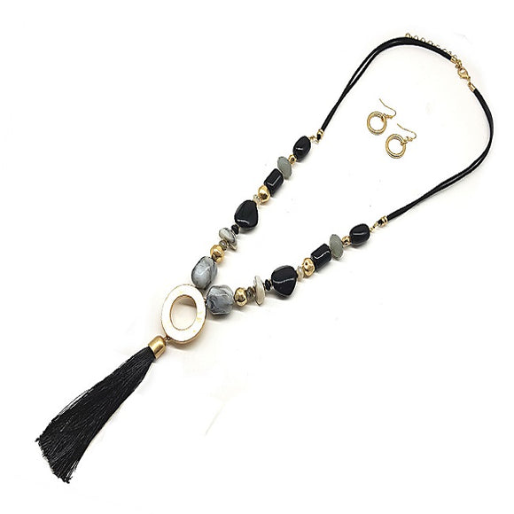 Color bead w/ tassel necklace set - black