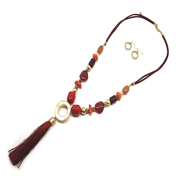 Color bead w/ tassel necklace set - burgundy