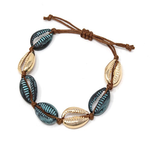 Shell pull tie bracelet - patina & gold