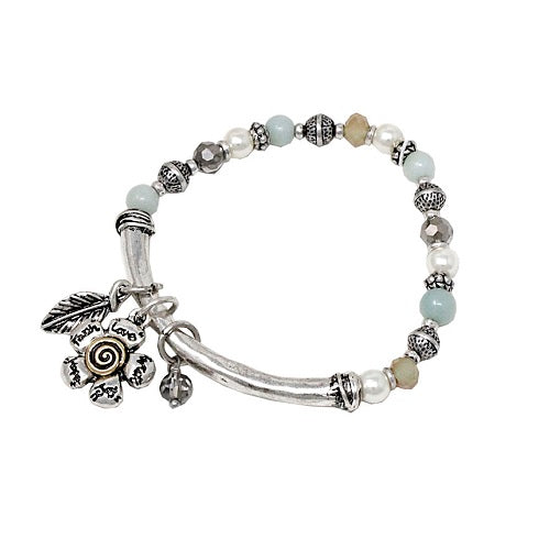 Flower w/ bead bracelet - silver