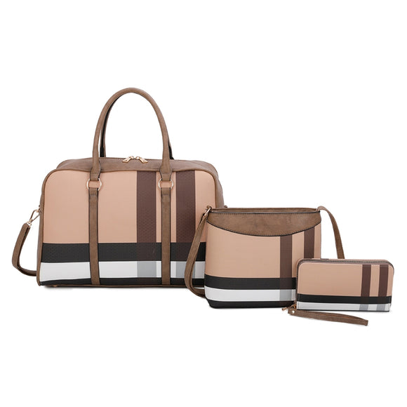 3-in-1 plaid pattern tote set - stone