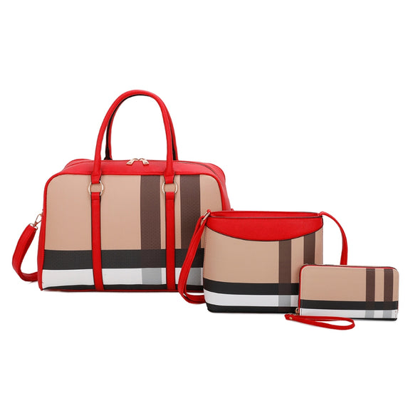 3-in-1 plaid pattern tote set - red