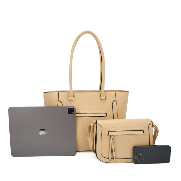 Front zipper deail tote set with knot handle - tan