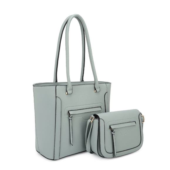 Front zipper deail tote set with knot handle - light blue