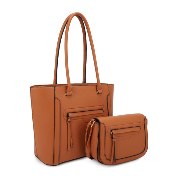 Front zipper deail tote set with knot handle - light brown