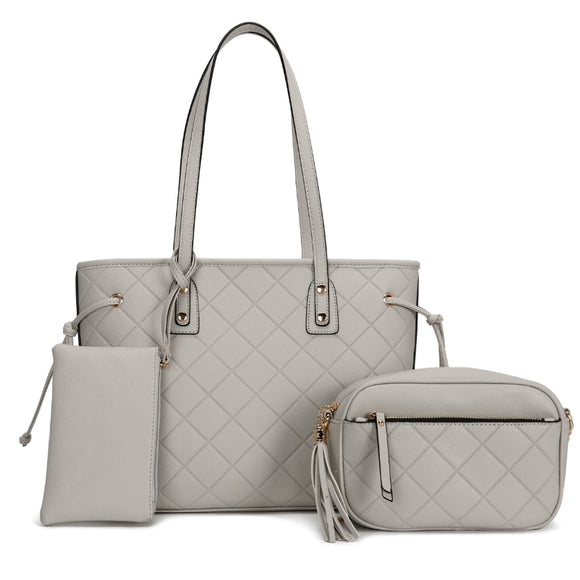 3-in-1 quilted pattern tote set - grey