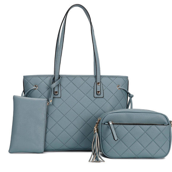 3-in-1 quilted pattern tote set - denim