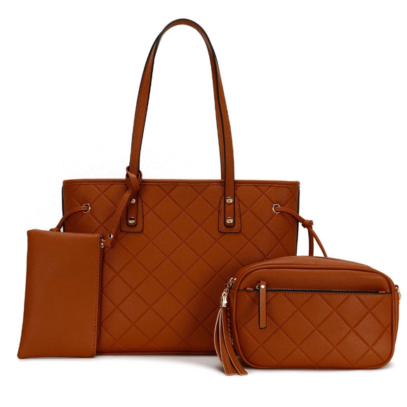 3-in-1 quilted pattern tote set - cognac
