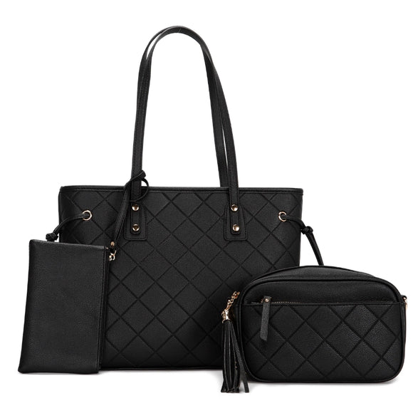 3-in-1 quilted pattern tote set - black