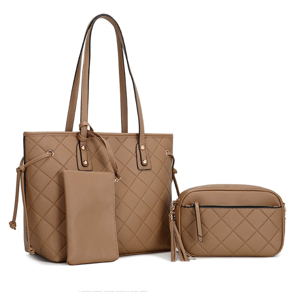 3-in-1 quilted pattern tote set - cognac