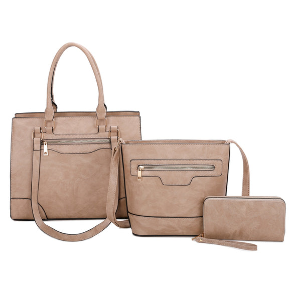 3-in-1 front zipper tote set - stone