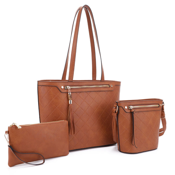 Quilted tote & crossbody body with pouch - brown