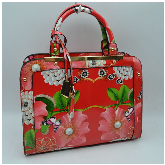 Flower & Butterfly glossy tote - red