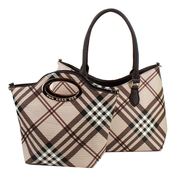 2-in-1 check pattern tote - coffee