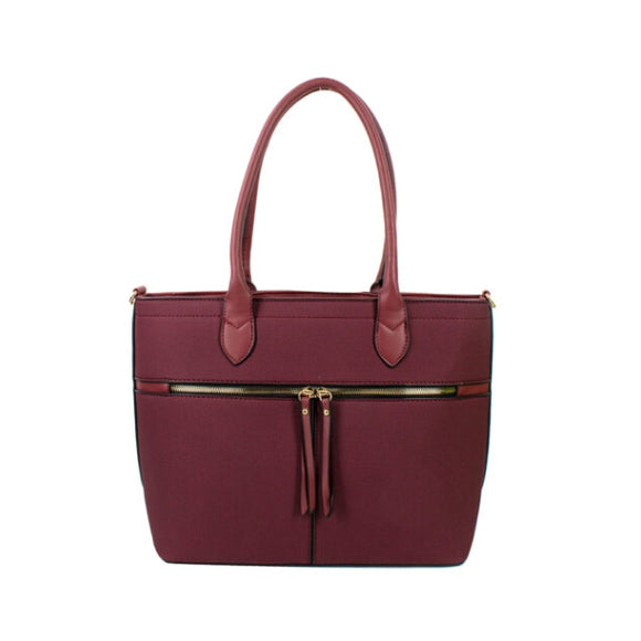 Front zipper detail tote - burgundy