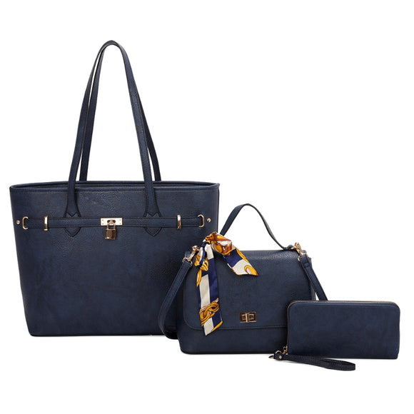 3-in-1 decorated lock tote and turn-lock crossbody set - navy