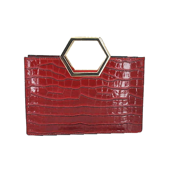 3-in-1 crocodile embossed Metal handle tote - red