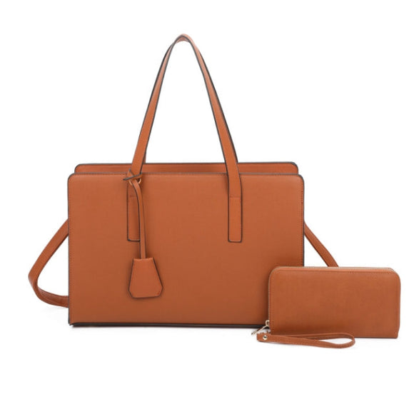 Long handle tote with wallet - brown