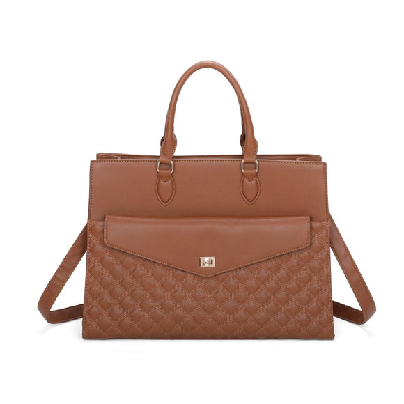Quilted turn-lock tote with wallt - brown