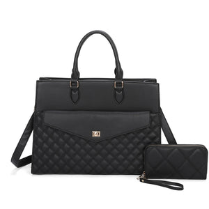 Quilted turn-lock tote with wallt - black