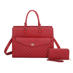 Quilted turn-lock tote with wallt - burgundy