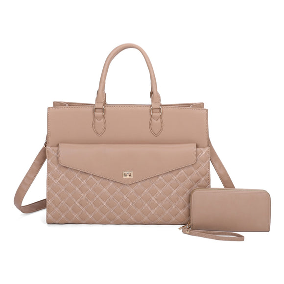 Quilted turn-lock tote with wallt - stone