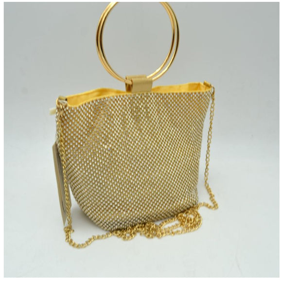 Metal mesh rhinestone chain crossbody bag - gold