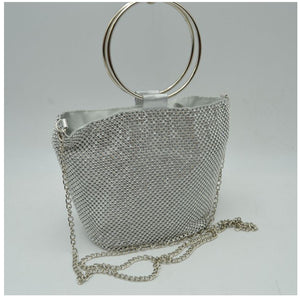 Metal mesh rhinestone chain crossbody bag - silver