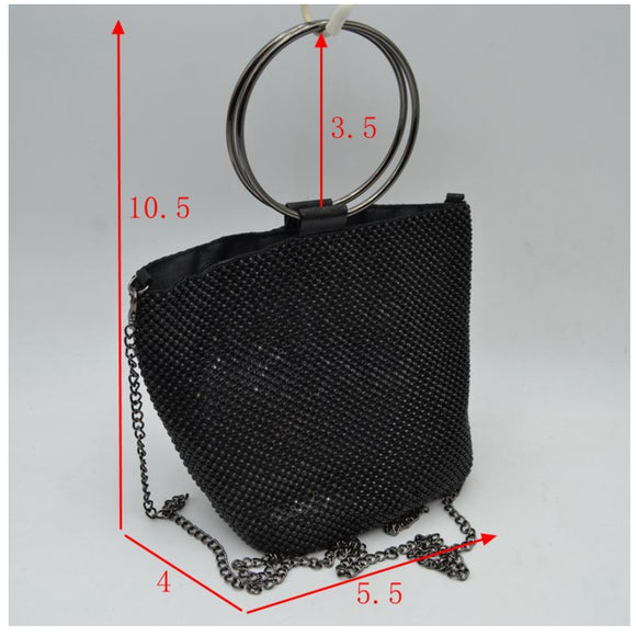 Metal mesh rhinestone chain crossbody bag - black