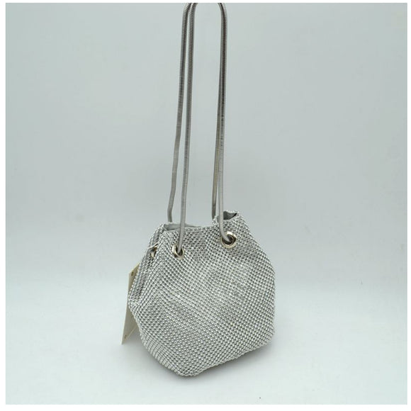 Metal mesh rhinestone chain bucket bag - silver