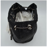 Metal mesh rhinestone chain bucket bag - black