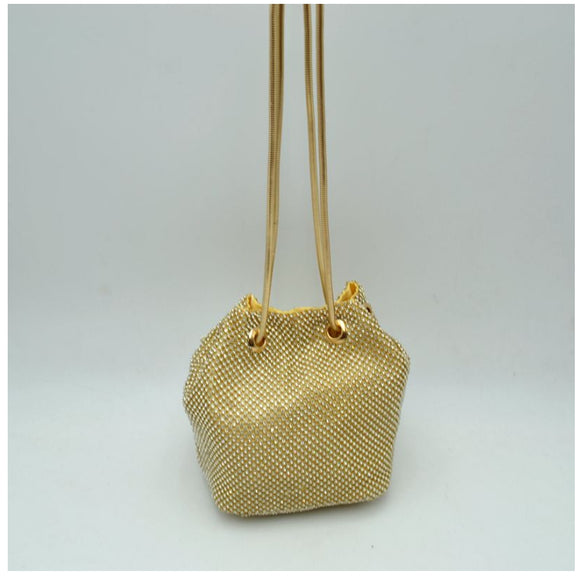 Metal mesh rhinestone chain bucket bag - gold