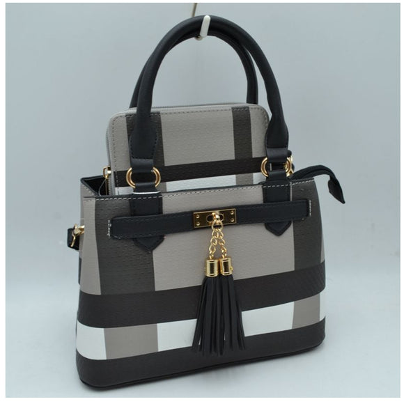 Copy of Plaid pattern & tassel small tote with wallet - black