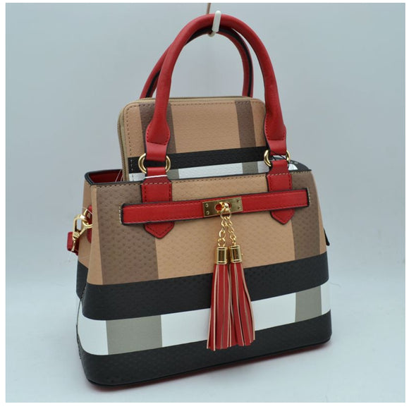 Plaid pattern & tassel small tote with wallet - red/brown