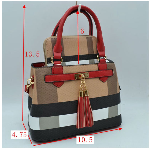 Plaid pattern & tassel small tote with wallet - brown