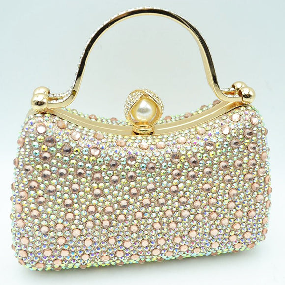 Crystal Diamond Top Handle Embellished Evening Clutch Bag - gold