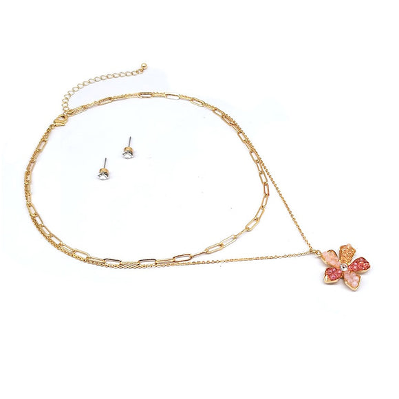 Multi layer flower necklace set - pink