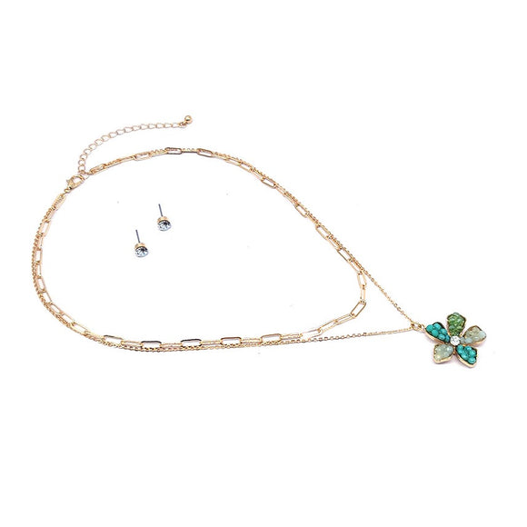 Multi layer flower necklace set - turquoise