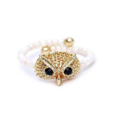 [12pcs set] Owl stud & bead ring - gold ivory