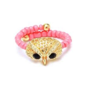 [12pcs set] Owl stud & bead ring - gold coral