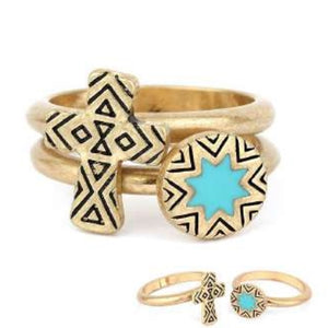 [12pcs set] Two cross and star rings - worn gold