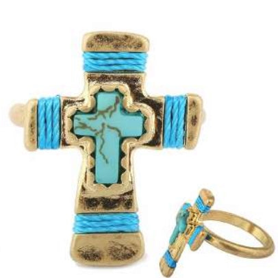 [12pcs set] Wrapped Cross ring - gold turquoise
