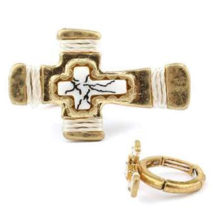 [12pcs set] Stretch wrapped cross ring - gold beige