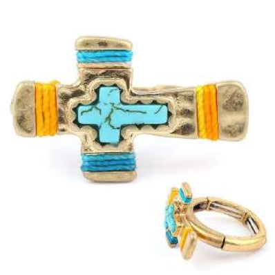 [12pcs set] Stretch wrapped cross ring - gold multi