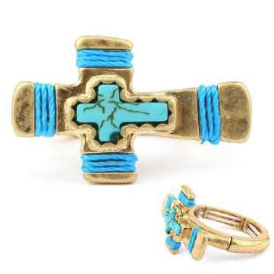 [12pcs set] Stretch wrapped cross ring - gold turquoise