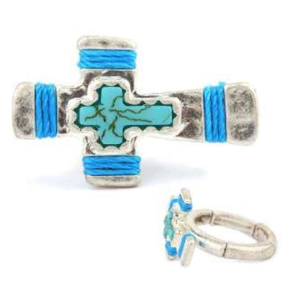 [12pcs set] Stretch wrapped cross ring - silver turquoise