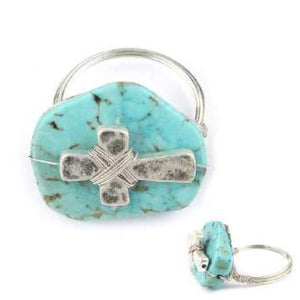 [12pcs set] Natural stone & cross ring - silver turquoise